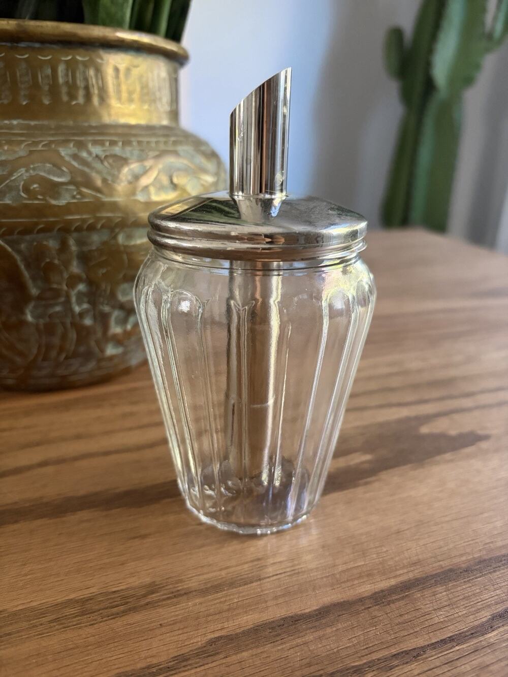 Vintage 1940s Ribbed Glass Sugar Dispenser Chrome Lid Measure Spout Germany